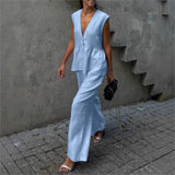 Fashion Women's Trouser Suits Sleeveless V-Neck Top Women Casual Straight Pants Sets Summer Women's Suit Commuter 2 Piece Set