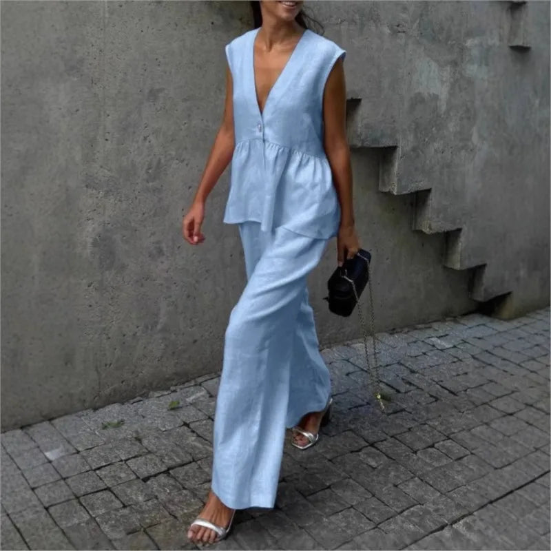 Fashion Women's Trouser Suits Sleeveless V-Neck Top Women Casual Straight Pants Sets Summer Women's Suit Commuter 2 Piece Set