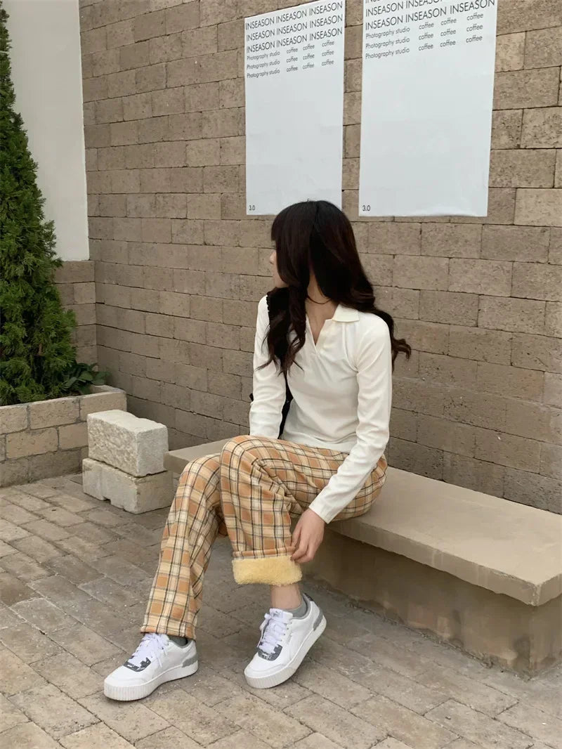 Plaid Plush Wide-Leg Trousers