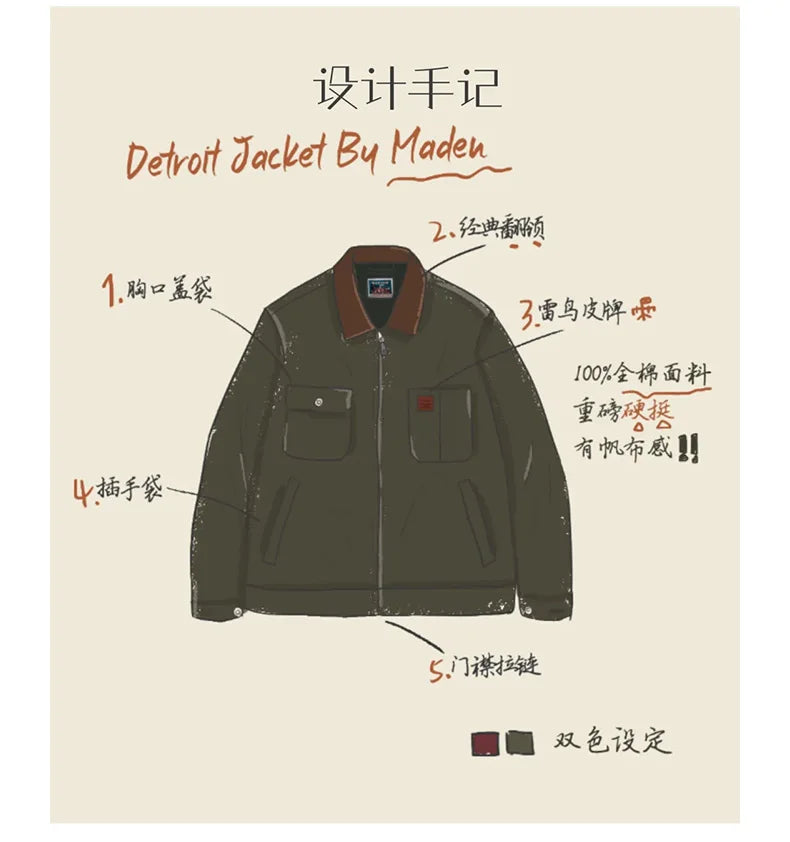 Maden Retro Heavyweight Canvas Detroit Jacket Corduroy Collar Hunting Short Zip-Up Jacket with Pockets Men's Autumn Outerwear