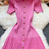 Elegant Collared Knit A-Line Midi Dress