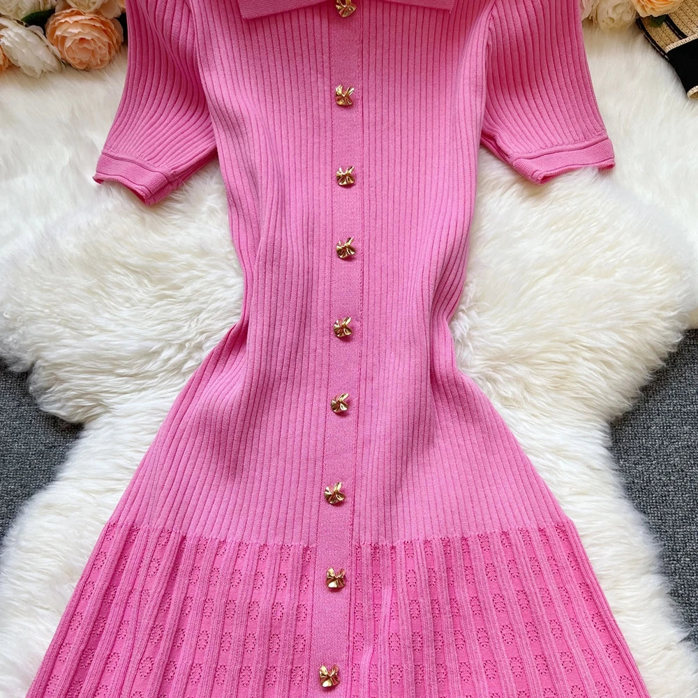 Elegant Collared Knit A-Line Midi Dress