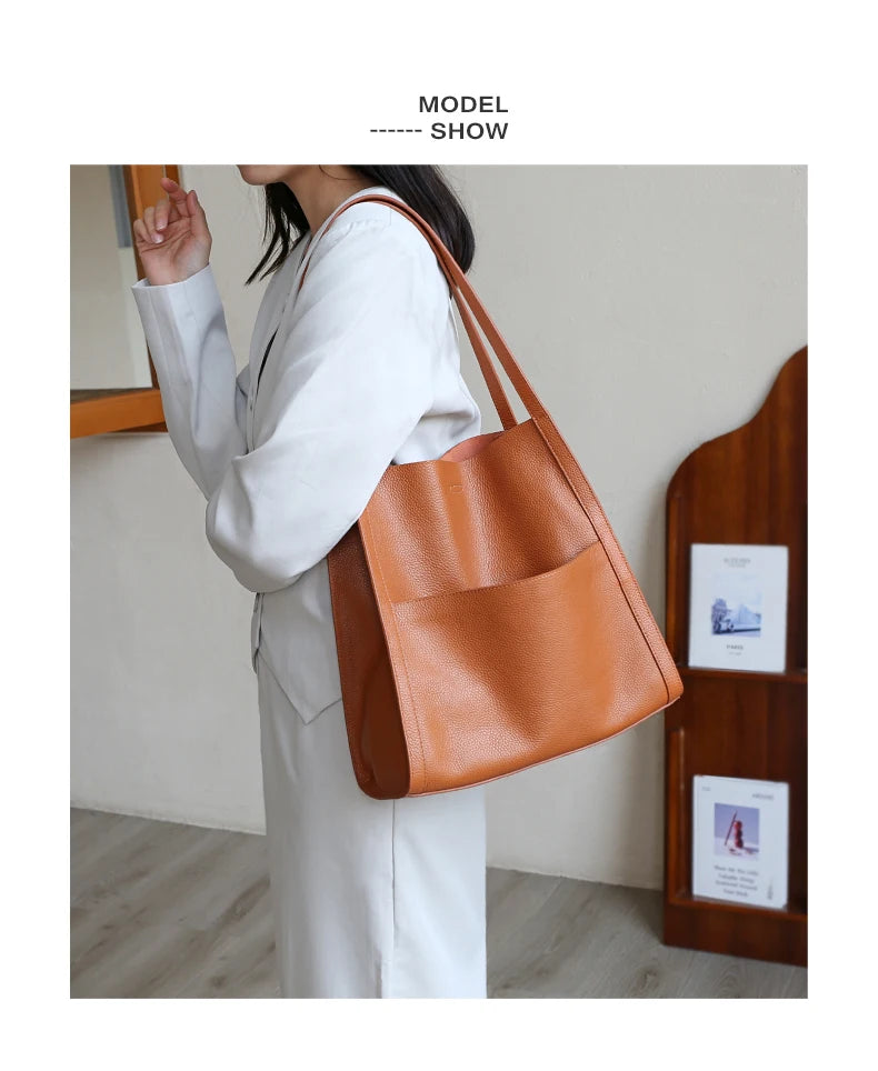 2025 New Women Bag Female Luxury Fashion Shoulder Bags Lady Soft 100% Cowhide Genuine Leather Niche Design Tote Bucket Handbag