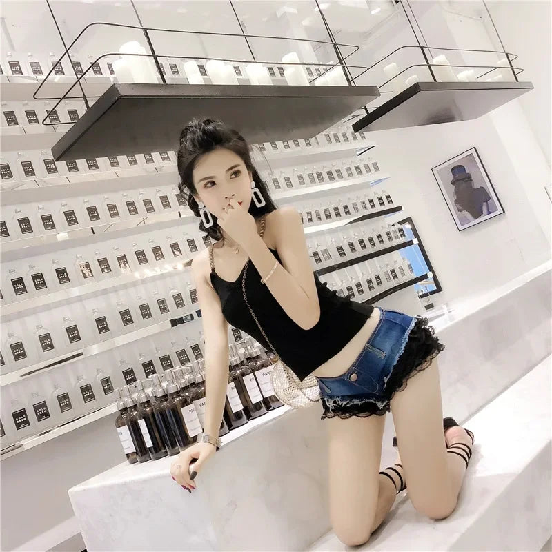 Women's Y2K Low-Waist Lace Denim Shorts - Sweet & Spicy Style