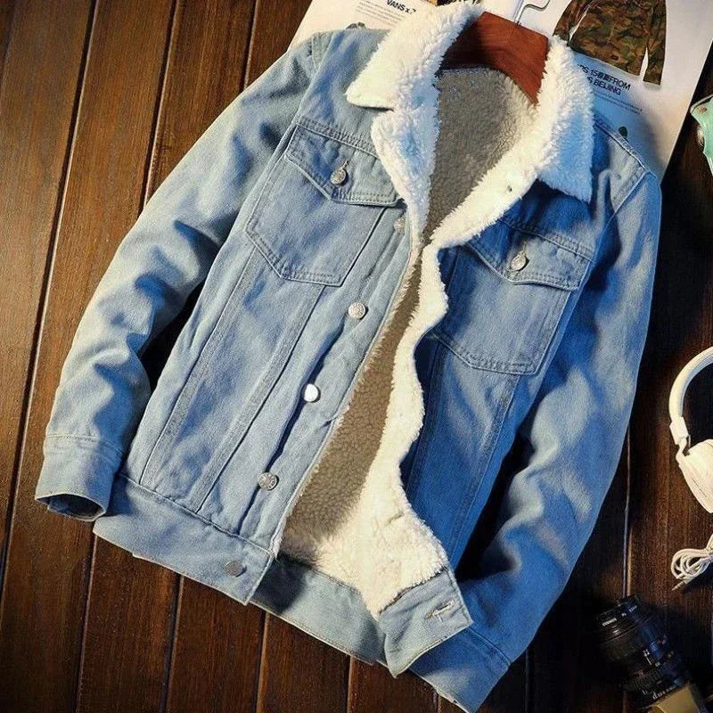 Men’s Winter Sherpa-Lined Denim Jacket – Slim Fit Padded Fleece Coat