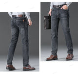 Autumn Winter Men's Jeans Classic Retro Grey Denim Pants Man Work Slim Straight Stretch Cotton Trousers Streetwear Plus Size 40