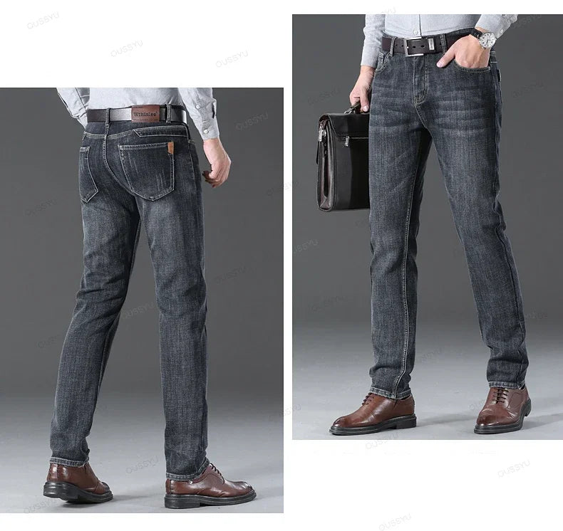 Autumn Winter Men's Jeans Classic Retro Grey Denim Pants Man Work Slim Straight Stretch Cotton Trousers Streetwear Plus Size 40