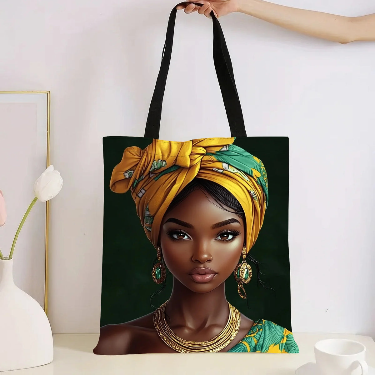 African Women Print Linen Tote Bag, Aesthetic School Shoulder Bag, Lightweight Grocery Shopping Bag