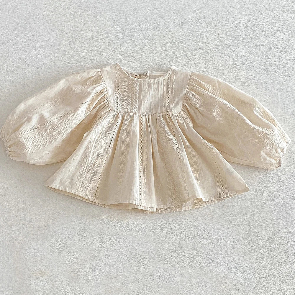 New Autumn Toddlers Girls Lace Embroidery Blouses Puff Sleeve Ruched Tops Baby Kids Floral Loose Shirts Fall Children Clothing