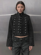 Y2K Retro Hussars Jacket Stand Collar Double Breasted Button Cropped Jacket Napoleon Old Money BLK Denim Jacket Women Boxy Coat