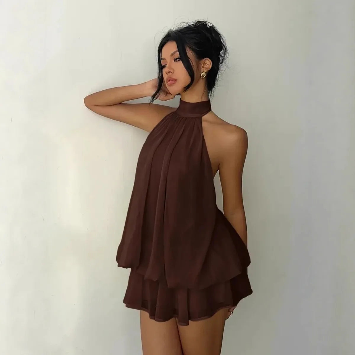 Women's Halter Neck Backless Tie-Front Mini Dress