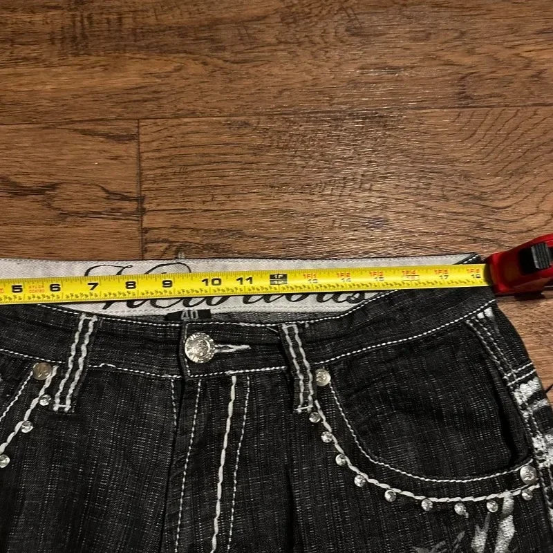 Men’s Y2K Gothic Embroidery Denim Shorts – Oversized Hip Hop Loose Fit