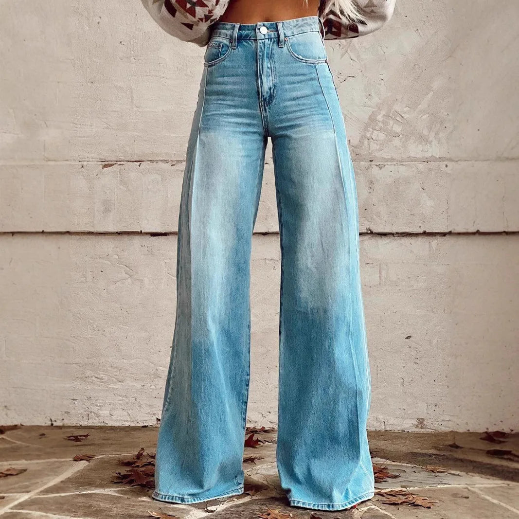 Women’s Retro Denim-Print Flared Trousers | USA Street Style Leg-Lengthening Tall Pants