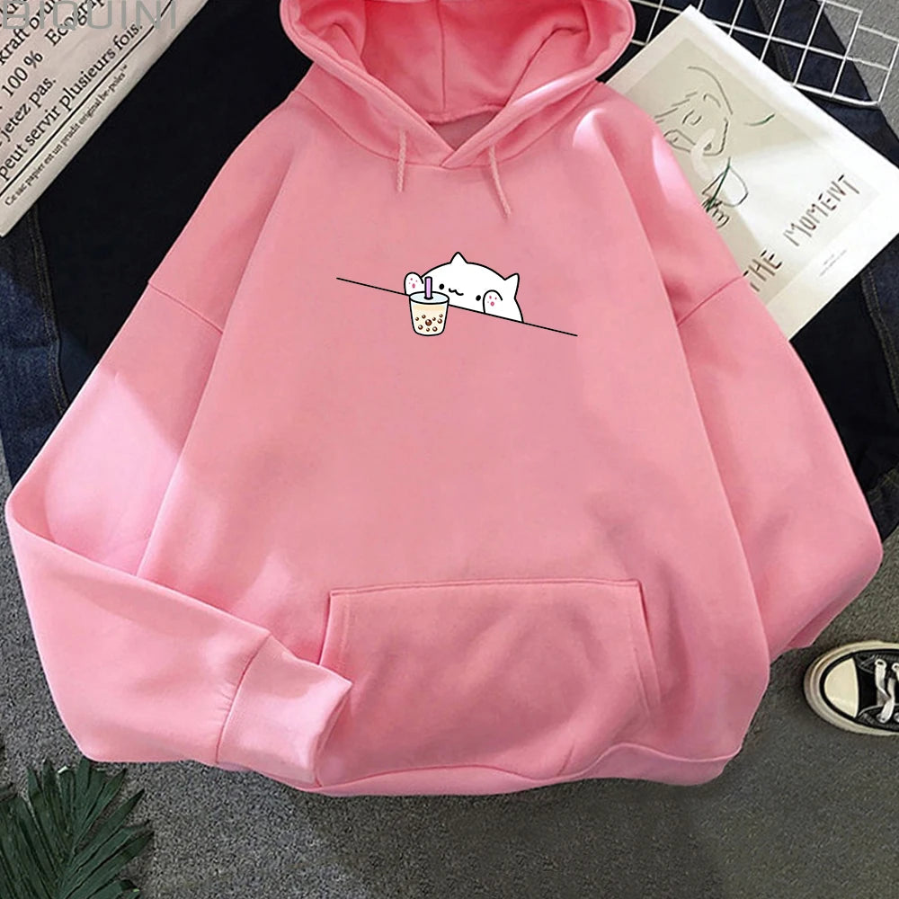 Bubble Tea Casual Pullover hoodie women Cartoon Female Hooded Clothes Plus Size Hoodies Kawaii Cat Boba Women fleece Sweatshirts