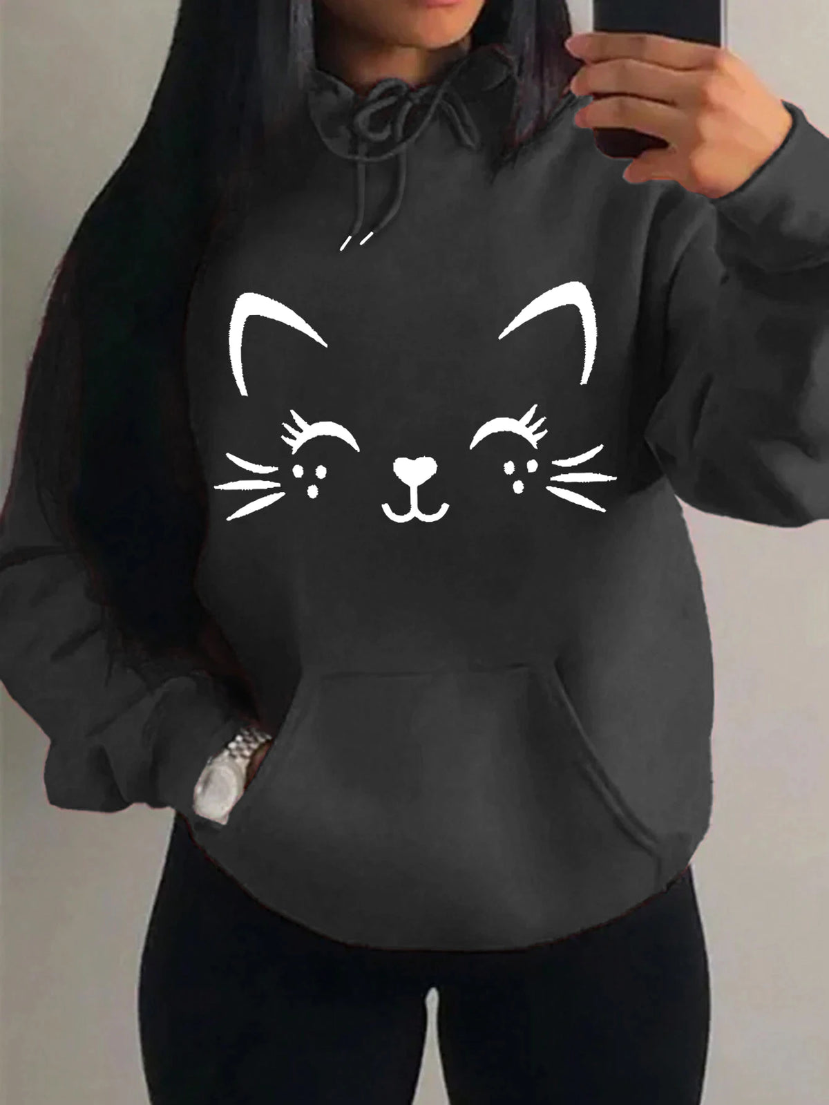 Women's Playful Cat Graphic Fleece Hoodie