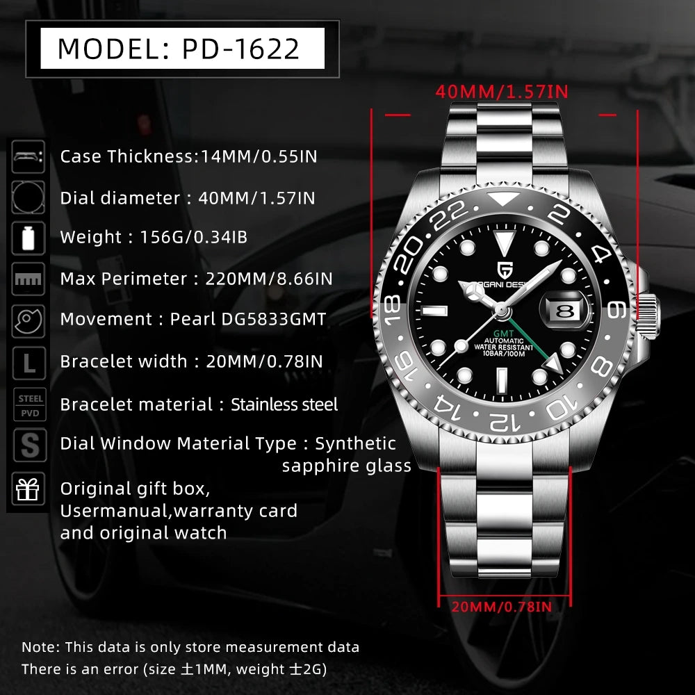 PAGANI DESIGN 2025 40MM GMT Mechanical Wristwatch Sapphire Ceramic Bezel  Automatic Watch Stainless Steel 100M Waterproof Watch
