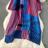 Miyake Pleated Drape Dress – Colorblock Print, 3/4 Sleeve