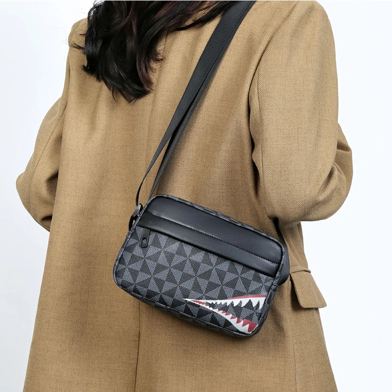 Neutral Style Backpack for Men and Women, with a Cross-Body Design, Suitable for Travel Photography. Features Shark Tooth Print.