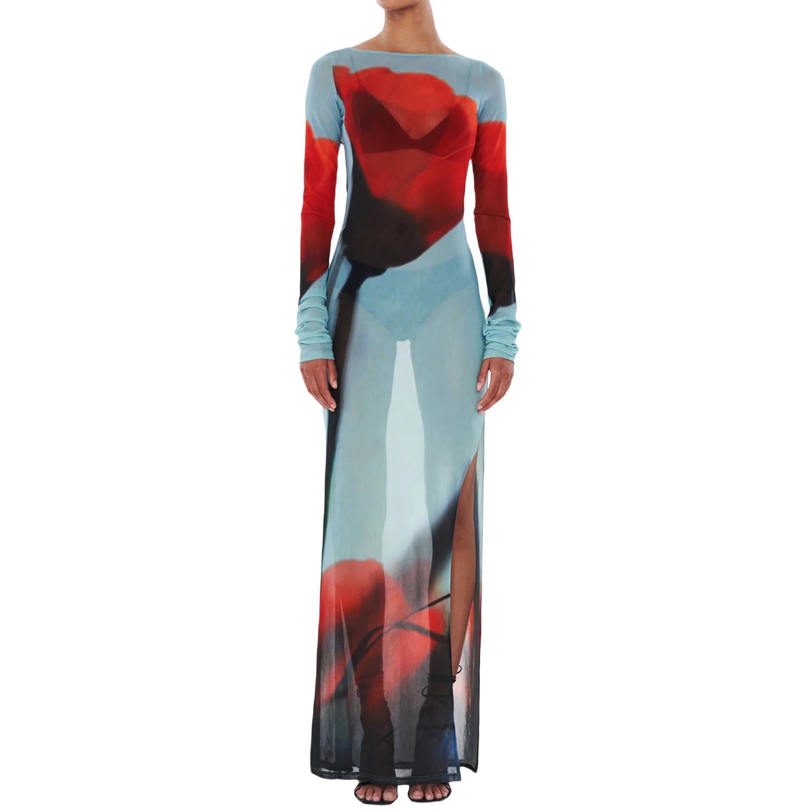 Women's Sheer Mesh Floral Print Long Sleeve Beach Cover-Up Dress