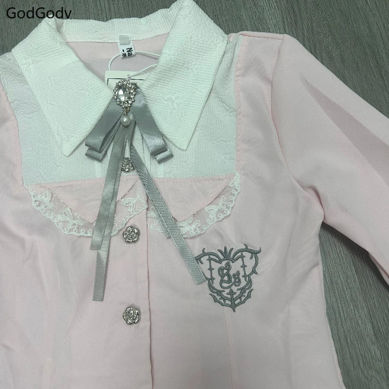 Spring Y2K Princess Outfits Women 2 Piece Sets Sweet Kawaii Bow Tops + Lace Pleated Skirt Female Retro Chic Preppy Style Clothes