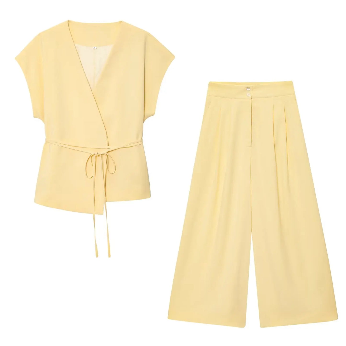 2-Piece Sleeveless V-Neck Trouser Set with Belt – Summer Commuter Wide Leg Suit