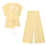 2-Piece Sleeveless V-Neck Trouser Set with Belt – Summer Commuter Wide Leg Suit