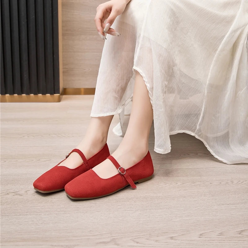 AIYUQI Women's Genuine Leather Square-Toe Ballet Flats