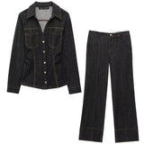 HXAO Black Denim Pant Sets Women's Two Pieces Set Slim Long Sleeve Shirt 2 Piece Sets Woman Outfit High Waist Flare Trousers Set