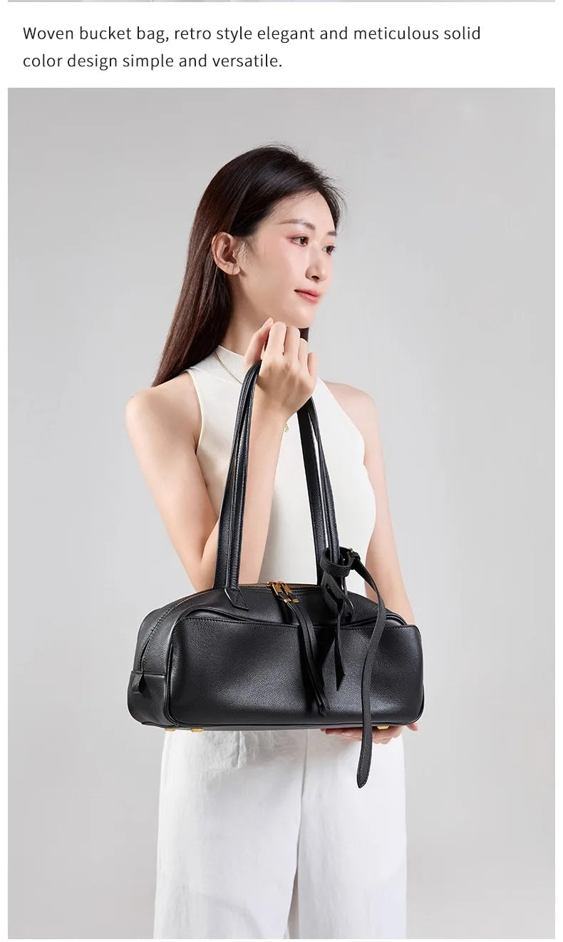 High Version Genuine Leather Pillow Bag for Women 2026 New All-Match Large Capacity First Layer Cowhide Bowling Bag for Women