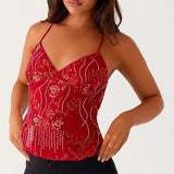 Y2K Sequin & Pearl Halter Crop Top