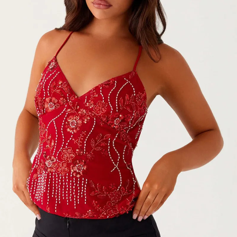 Y2K Sequin & Pearl Halter Crop Top