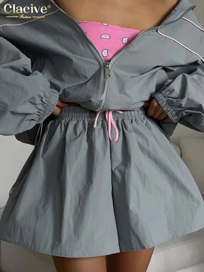 Clacive Fashion Loose Gray 2 Piece Sets Women Outfit 2024 Elegant Long Sleeve Shirt With High Waist Shorts Set Female Streetwear