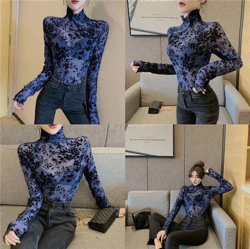 Women's Flocking Mesh Long Sleeve Top Floral Turtleneck