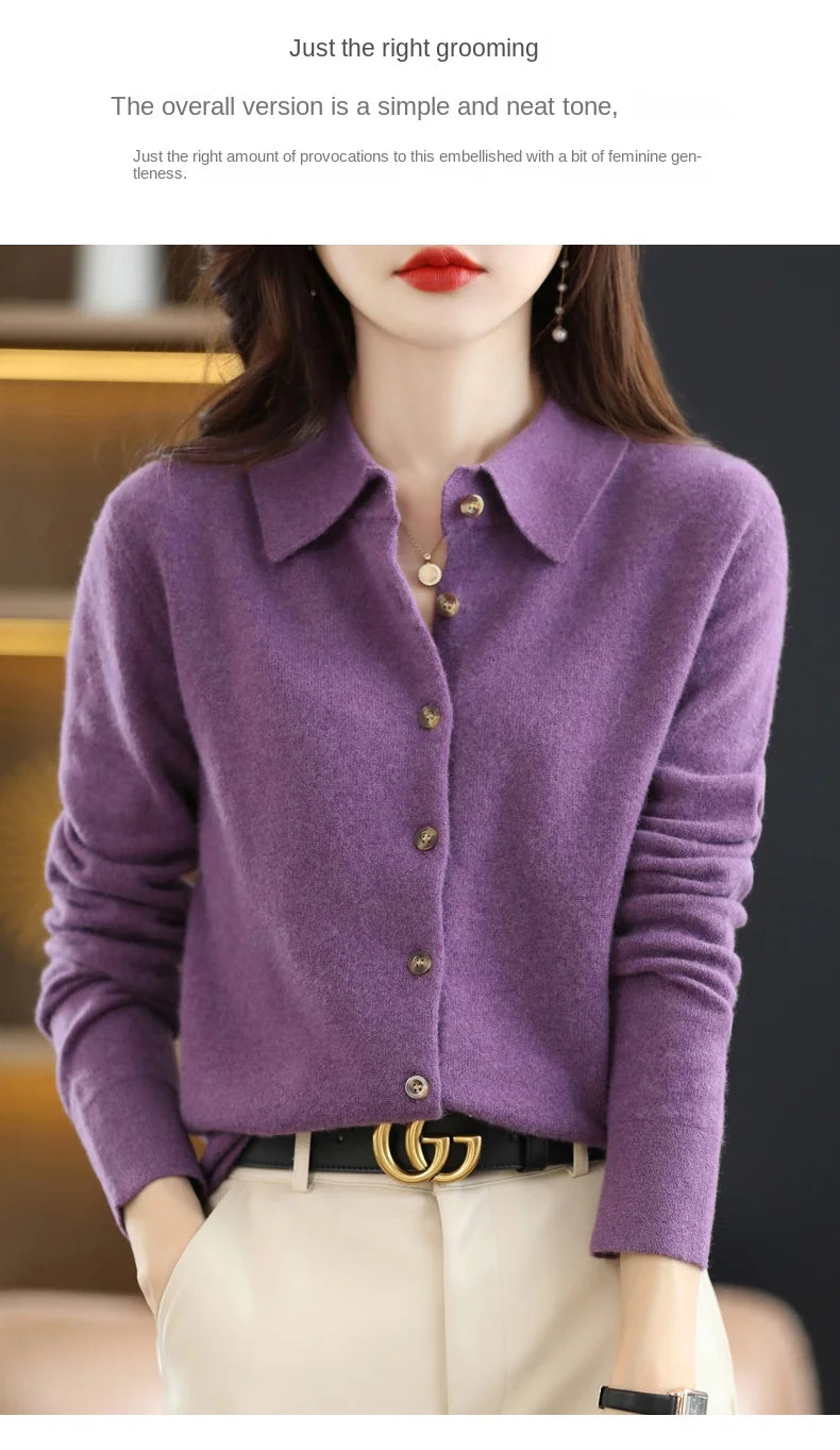 Polo Collar Spun Wool Cardigan – Elegant Single-Breasted Knit Jacket