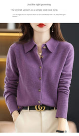 Polo Collar Spun Wool Cardigan – Elegant Single-Breasted Knit Jacket