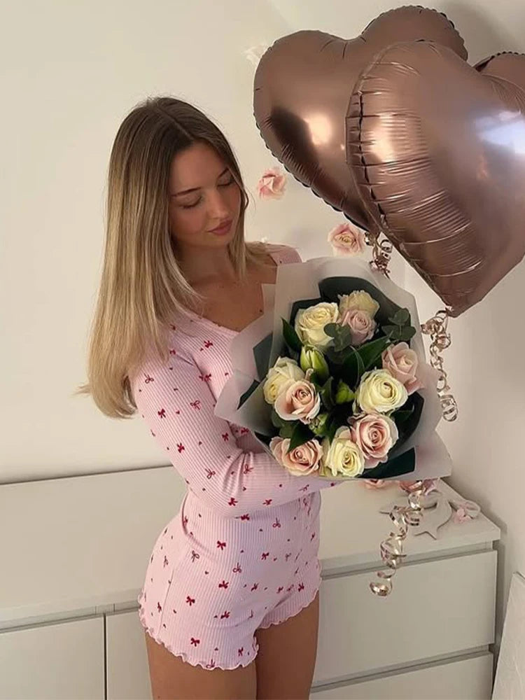 Bow Print Square Collar Loungewear Jumpsuit
