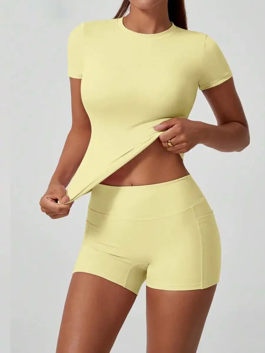 Women's Sculpting Sports Short Sleeve & High-Waist Shorts Set