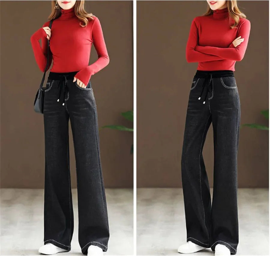 Winter Wide Leg Denim Pants Women Thicken Plush Velvet Lined High Waist Jeans Lace Up Warm Baggy Straight Vaqueros Pantalones