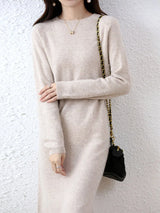 100% Merino Wool Long-Sleeve Midi Sweater Dress