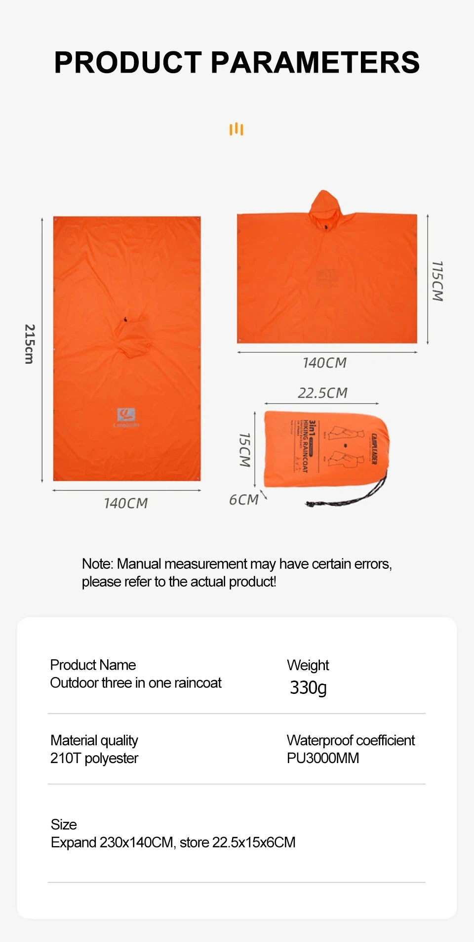 3-in-1 Waterproof Hooded Rain Poncho for Outdoor Adventures