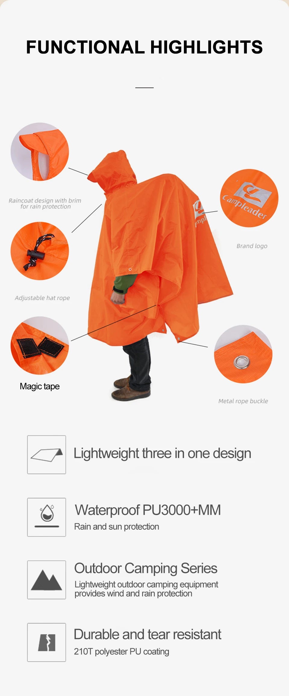 3-in-1 Waterproof Rain Poncho | Hooded Outdoor Rainwear