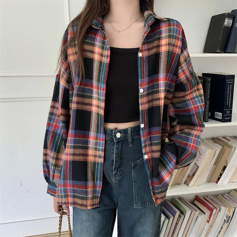 Vintage Plaid Long-Sleeve Blouse
