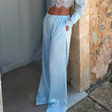 Lace Top Pants 2 Piece Set Women Chic Solid Half High Collar Cropped Back Split Long Pant Suit 2026 Lady Daily Street Outfit New
