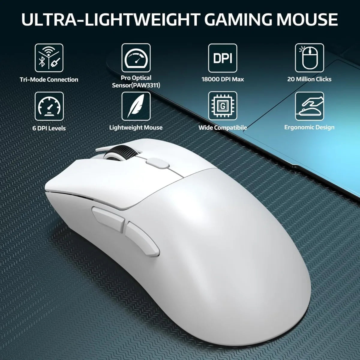 ATTACK SHARK R1 Wireless Gaming Mouse 55g Lightweight 18K DPI Optical Sensor Tri-Mode Connection for PC/Laptop/Win/Mac