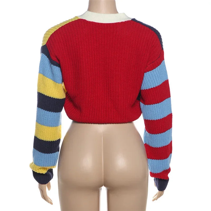 Colorful Striped Letter Knit Vest & Coat Set