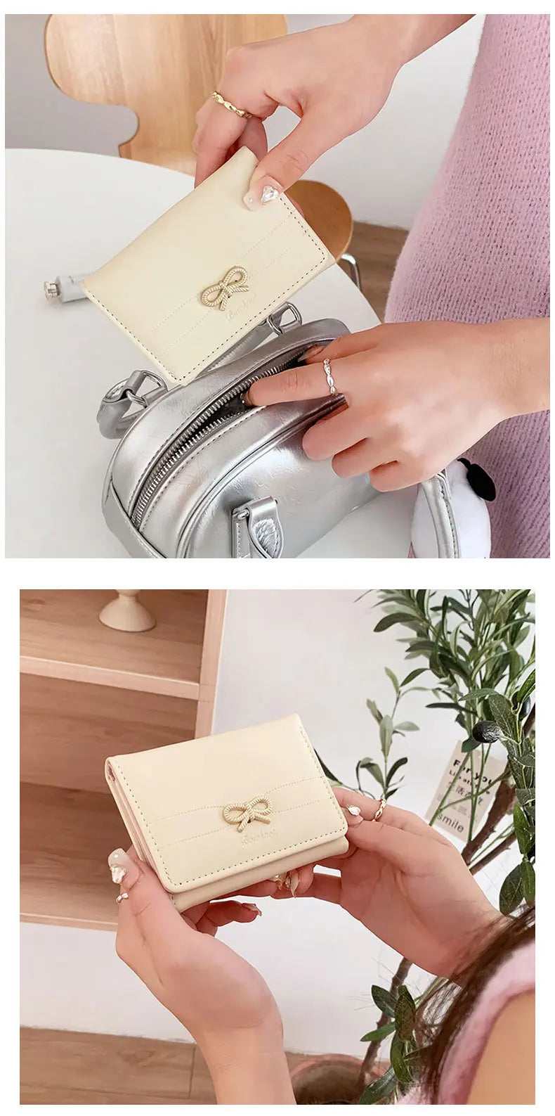 Fashion Wallets Girls Cute Bow Small Wallet Aesthetic Card Holder Classic Three Fold Purse For Women Student Simple Coin Pouch