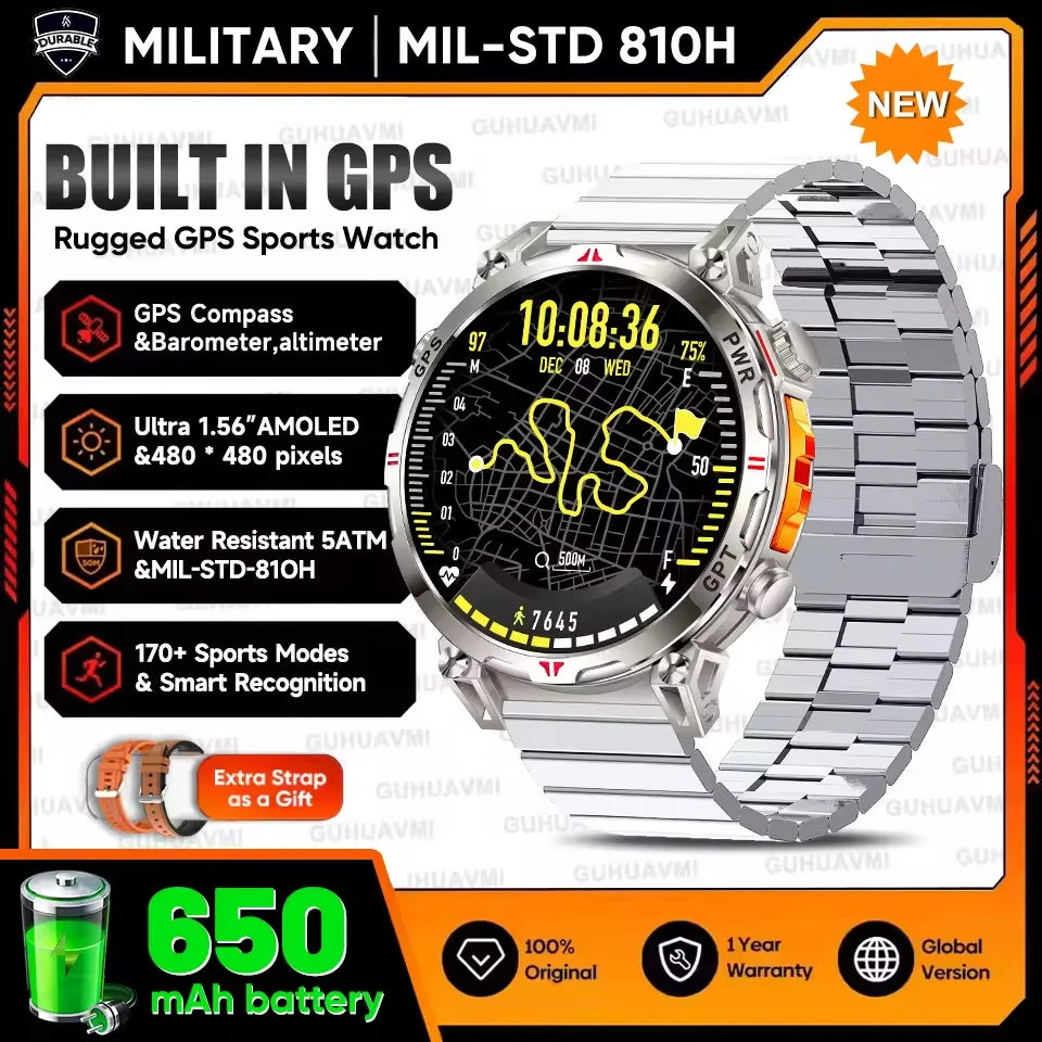 New Upgrade GPS Outdoor Sports SmartWatch Men With 5ATM Swim Compass Altimeter 1.56" AMOLED Heart Rate Bluetooth Call Smartwatch