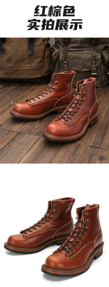 KOWM Hiking shoes men's walking boots British cowhide high top motorcycle boots ankle casual sneakers trekking shoes thick soled