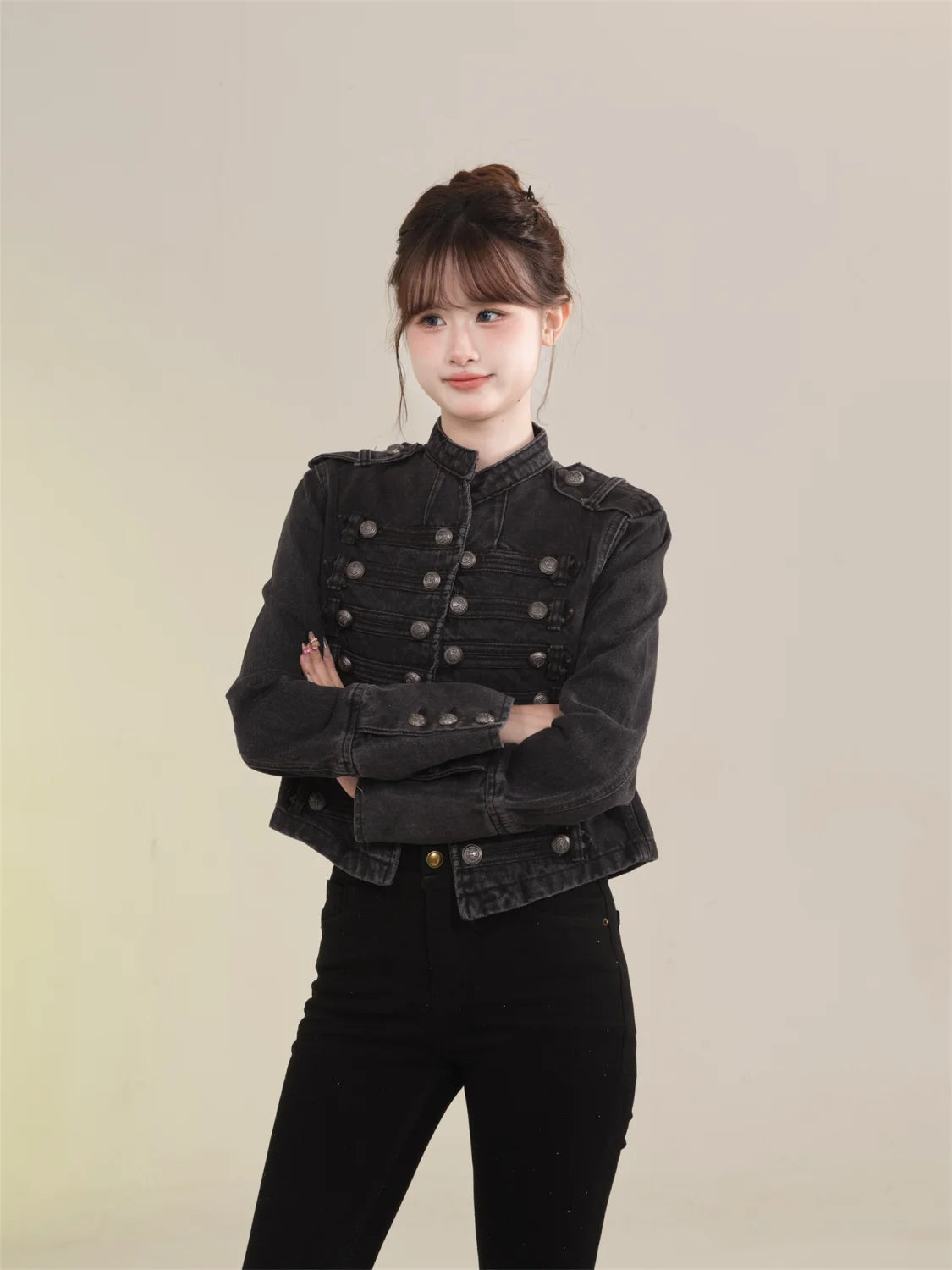 Women's American Retro Denim Military Inspired Cropped Jacket Long Sleeve Stand Collar Casual Y2k Motorcycle Coat