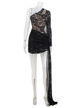 Elegant Lace One-Shoulder Mini Dress | Sheer Long Sleeve Streetwear
